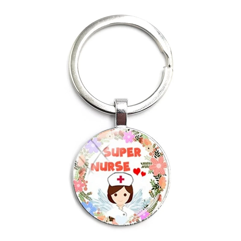 

2020 Latest Home Stethoscope Nurse Syringe Picture Keychain Round Convex Glass Dome Pendant Men and Women Fashion Charm Keychain