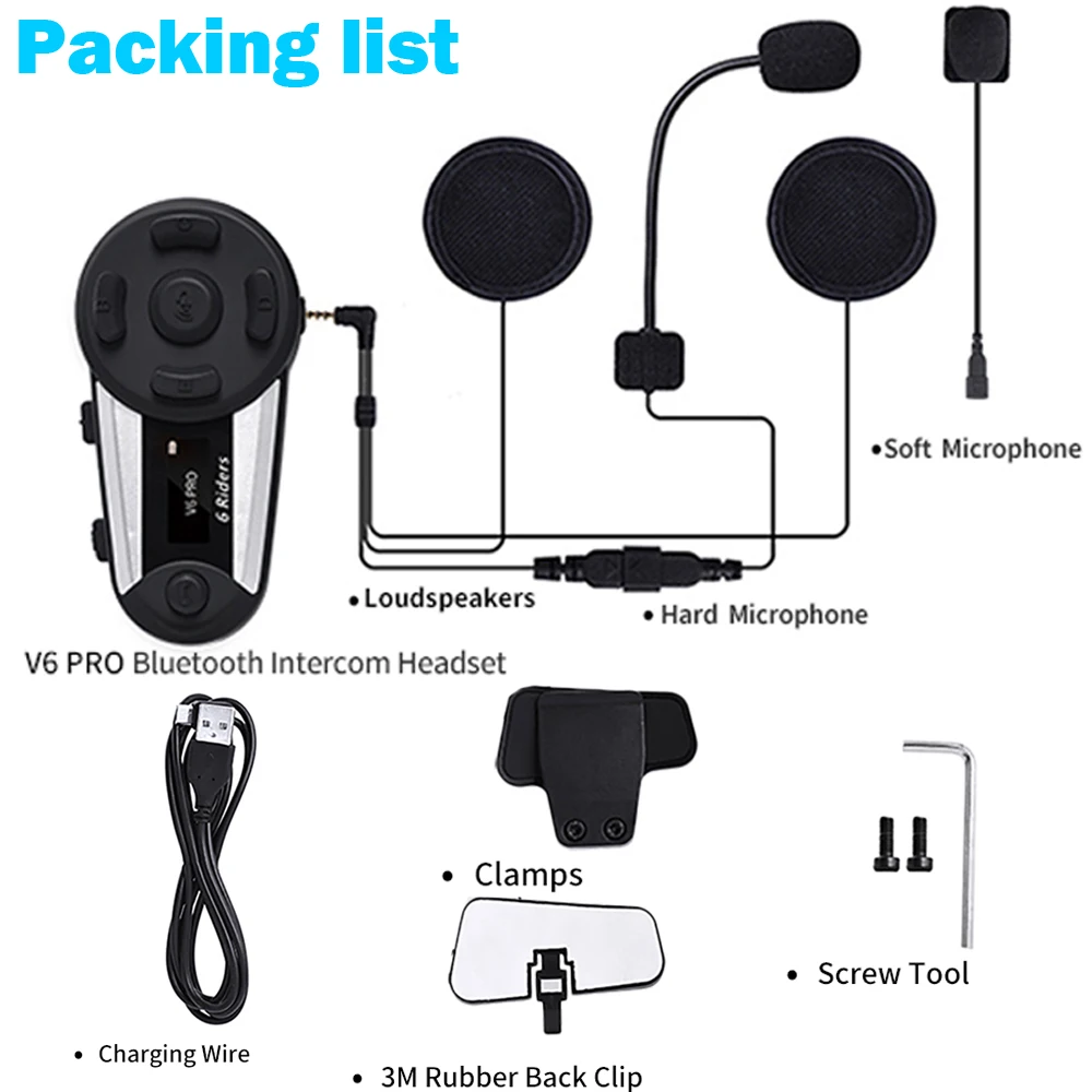 

2 Pcs V6 Plus Pro OLED Waterproof Motorcycle Bluetooth Helmet Headset Intercom 6 Riders 1200M Moto Intercomunicador FM Radio