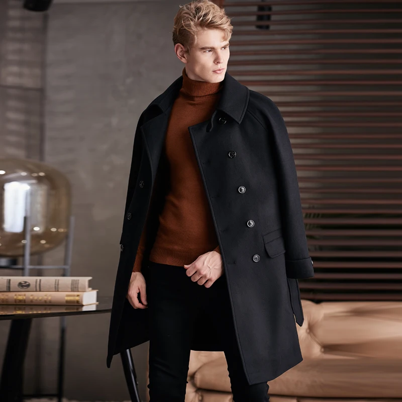 

Winter New European Mens Business Casual Woolen Coats Male Fashion Trend Jackets Double-breasted Wool Windbreaker Belt Overcoat