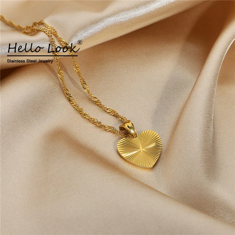 

Простое ретро ожерелье Hellolook в форме сердца, женское ожерелье из нержавеющей стали с покрытием из 18-каратного золота в форме сердца, Полосат...