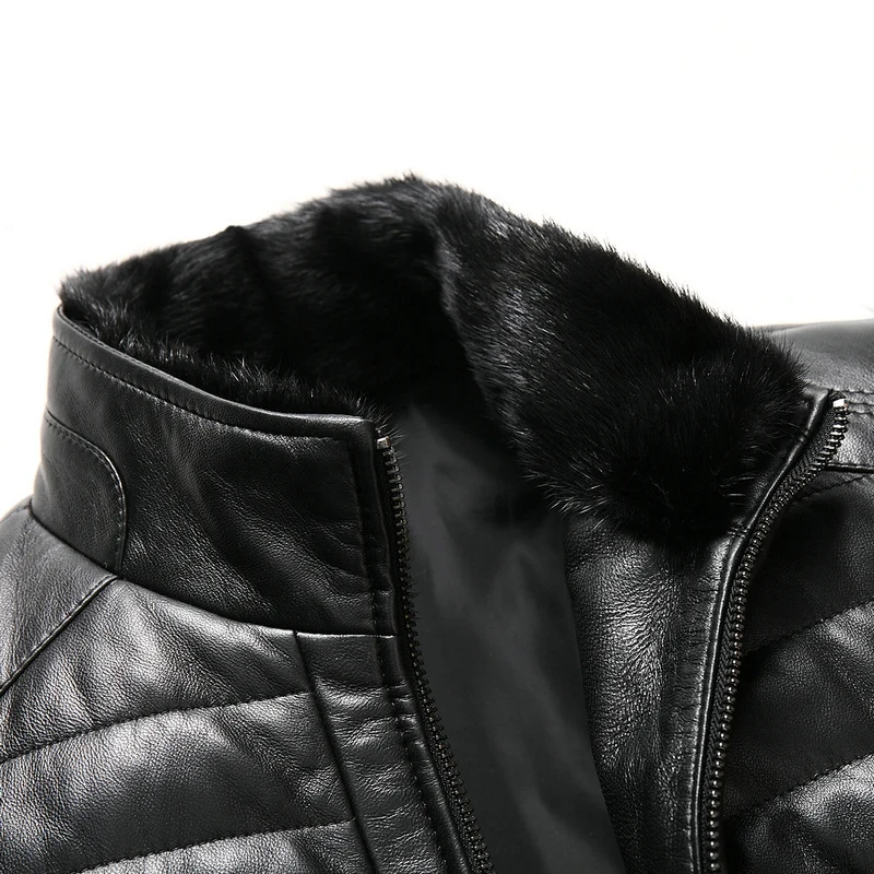 

JCHB 2021 Mink Fur Collar Real Genuien Leather Jacket Autumn Winter Sheepskin Down Coat Casual Black Men's Leather Jacket Casaco
