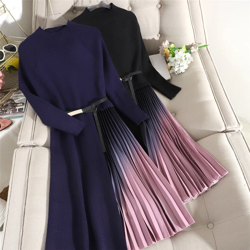 New Autumn Fashion Women Pleated Knitted Dress Slim Elegant Knit Sweater Dresses Lady Thickened Pullovers Winter Bottomings 1242