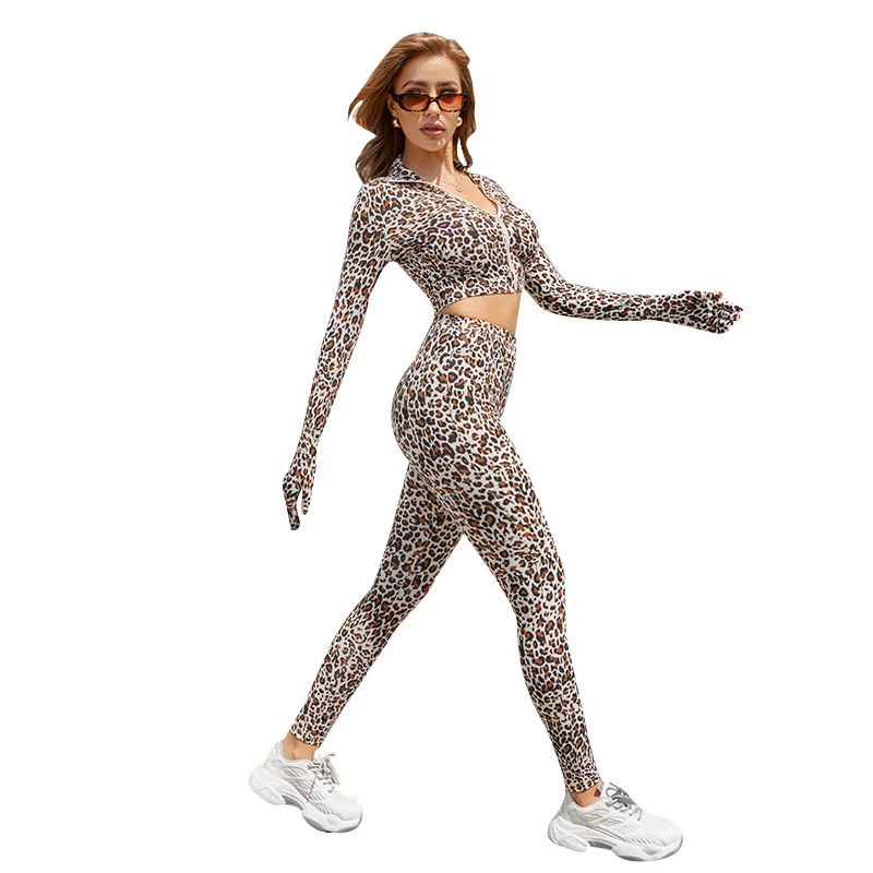 

Sexy 2Pcs Women Leopard Pattern Outfits Adults Casual Style Long Sleeve Stand Collar Crop Tops Pencil Pants
