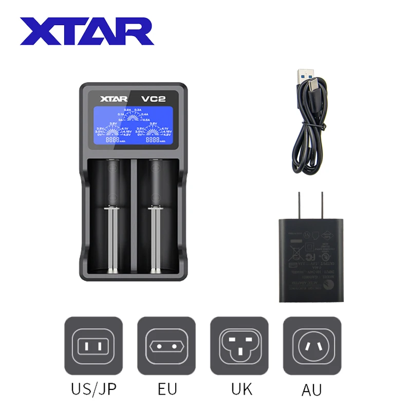 

XTAR VC2 18650 Battery Charger Test Batteries Capacity Display USB Charger For 10400-26650 Li-Ion Battery 21700 18650 Charger