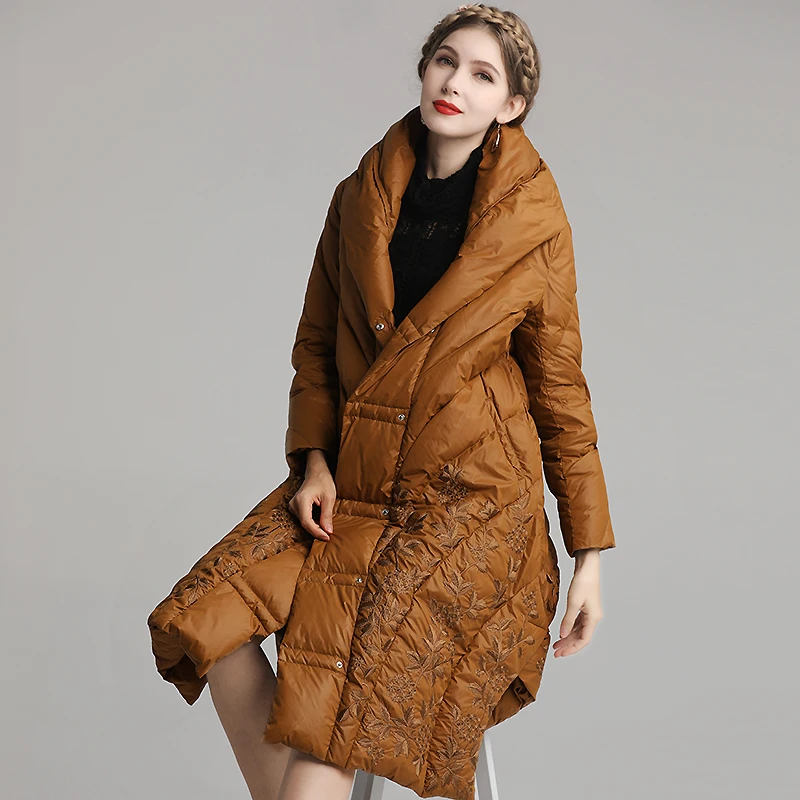 Зимнее пуховое пальто со стоячим воротником Винтажный стиль вышивка Тонкий