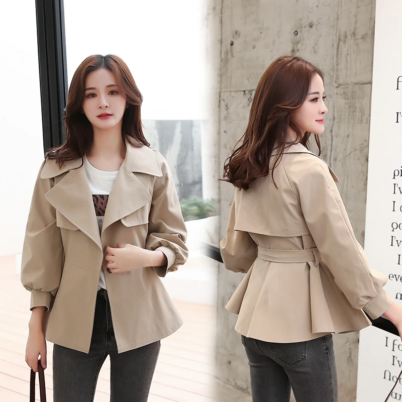 

2020 Short Trench Women Spring Autumn Windbreaker Coats Casual Loose Clothes Fashion Tur-down Collar Belt Female Trench