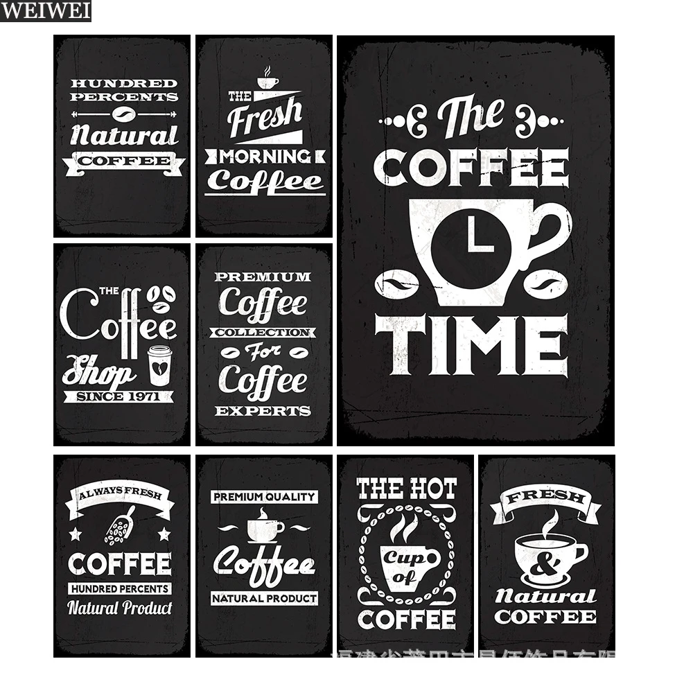 

Coffee Time Metal Signs Black Background Decorative Plaques Vintage Cafe Bar Tin Sign Plate Painting Decor Kitchen Wall Poster