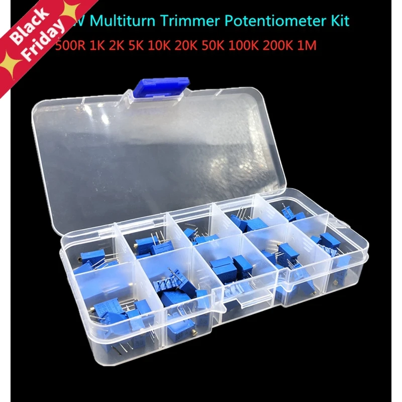 

3296W 10valueX5pcs=50pcs Multiturn Trimmer Potentiometer Kit 3296 Variable Resistor 500R 1K 2K 5K 10K 20K 50K 100K 200K 1M