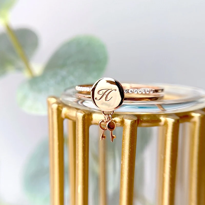 LUOWEND 100% 18K Rose Gold Wedding Band Rings anillos mujer Key Real Natural Diamond Ring for Women Customize Word | Украшения и