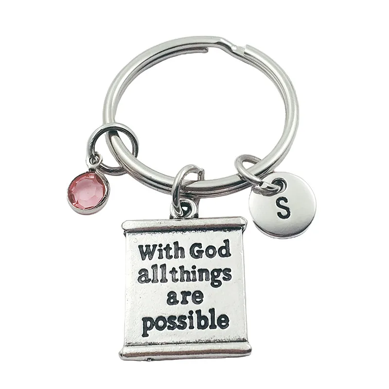 

With God Notes Initial Letter Monogram Birthstone Keychains Keyring Creative Fashion Jewelry Women Gifts Accessories Pendant