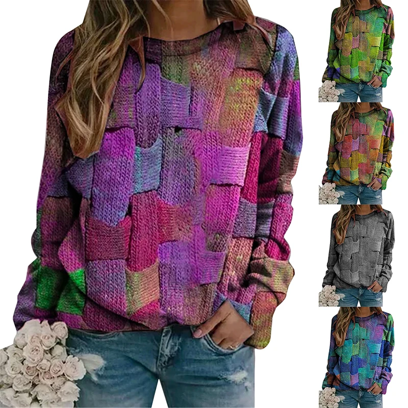 

Свободный пуловер с принтом, толстовка, Женская осенне-зимняя Винтажная футболка с круглым вырезом, новый стиль, толстовка с длинным рукаво...