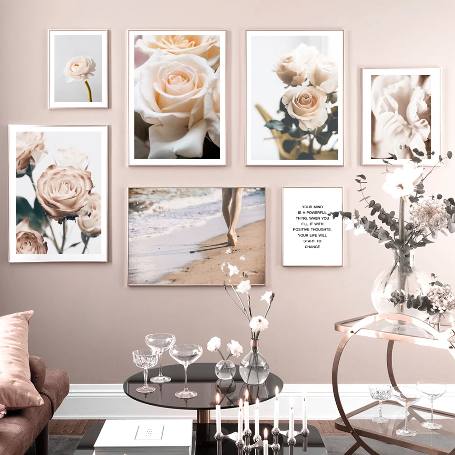 

Rose Peony Flower Beach Quotes Landscape Wall Art Canvas Painting Nordic Posters And Prints Wall Pictures For Living Room Decor