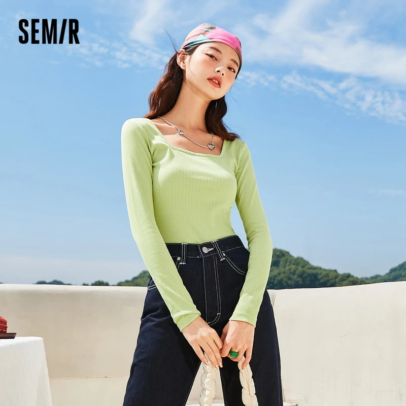 

SEMIR Long Sleeve T-Shirt Women Square Collar 2021 New Autumn Slim Short Top Solid Color Bm Wind White Inner Clothes