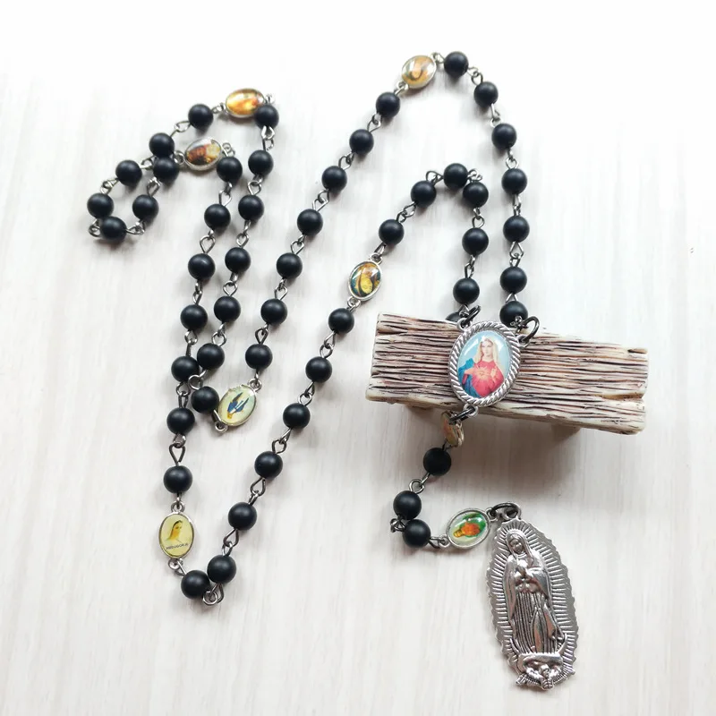 QIGO религиозный длинный черный камень Розария ожерелье для мужчин женщин