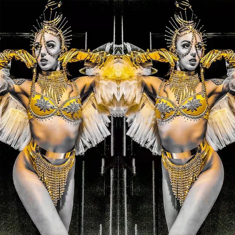

Exaggerated Mesh Puff Sleeve Fringed Bikini Headdress Women Gogo Costume Nightclub Bar Ds Rave Outfit Pole Dance Clothes XS3185