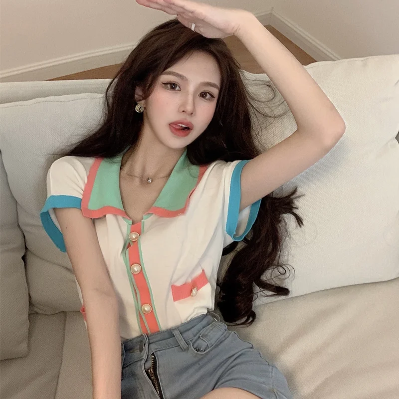 

Женский Тонкий Топ с коротким рукавом, тонкая трикотажная рубашка контрастных цветов с небольшим дизайном, лето 2021
