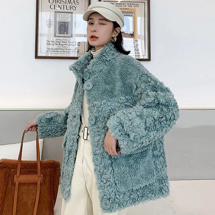 

2020 Wool Soft Winter Button Stand Collar Jackets Real Shearing Sheep fur Winter Winter Patch Pocket