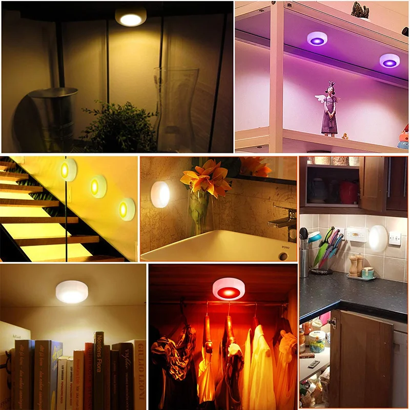 

16 Colors Wireless LED Puck Light with Remote Control LED Under Cabinet Lighting Closet Light Battery Powered Lights Stick