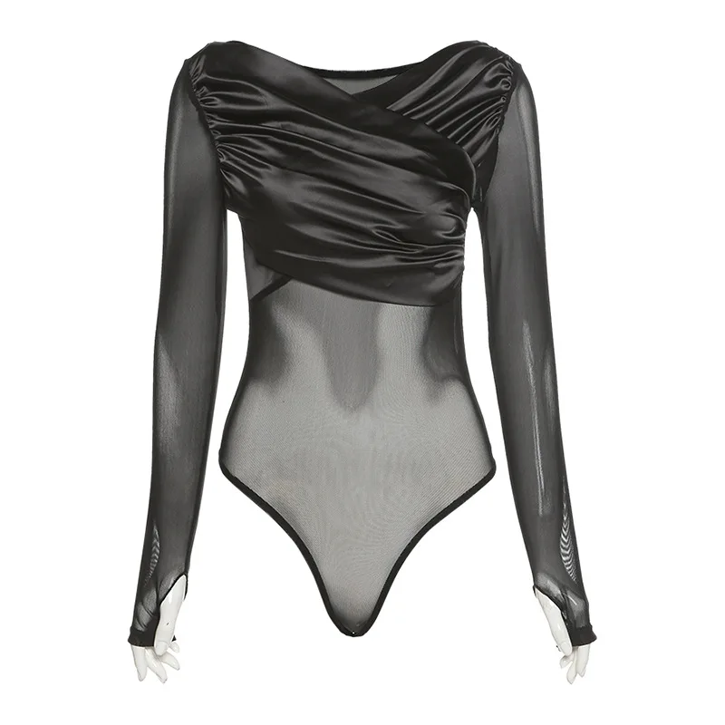 

Sexy Patchwork Mesh See Through Bodysuits Women New 2021 Skinny Long Sleeve Rompers Streetwear Female Basic