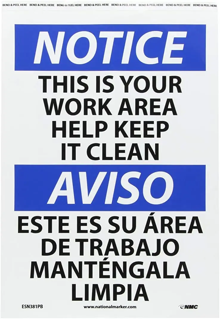 

AMELIA SHARPE Metal Sign Warning Sign Bilingual This is Your Work Area Help Keep IT Clean12x8 inch tin Sign