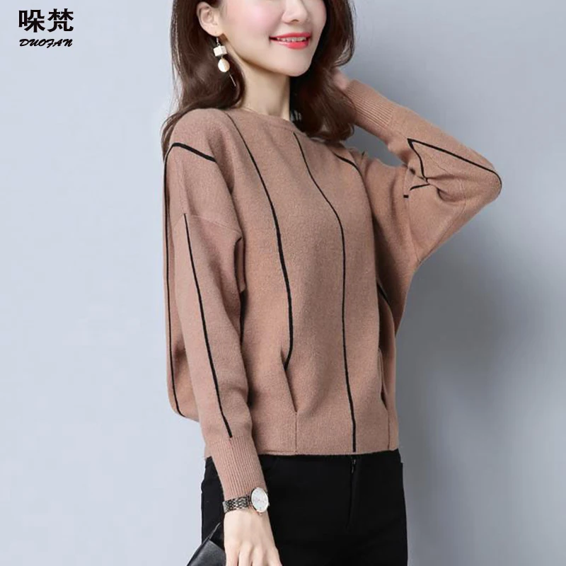 

DUOFAN Woman Sweaters Striped Print O Neck Pullover Knitted Batwing Long Sleeve Top Korean Fashion Jumper Harajuku Knitwear