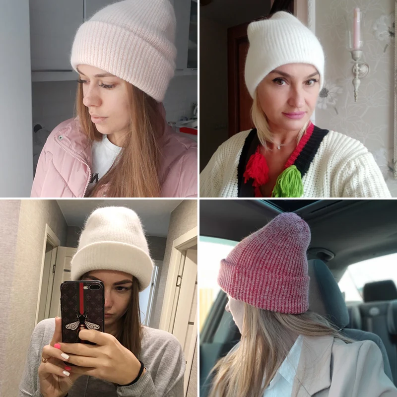 

Hats for Winter Women Rabbit fur Beanie Hat Female Knitted Skullies Beanies Solid Wool Soft Autumn Winter Cashmere Caps Bonnet