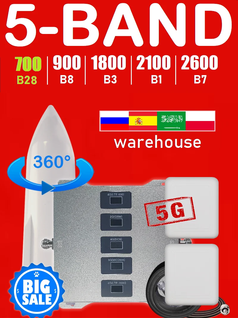 Усилитель-репитер для сотовых сетей на диапазонах 700, 900, 1800, 2100 и 2600 МГц, поддерживающий стандарты 2G, 3G, 4G и 5G. Доставка в Саудовскую Аравию без таможенной пошлины. Оплата при получении.
