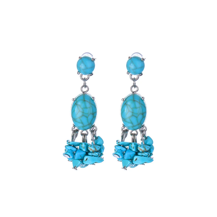

Silver Plated Layer Oval Shape Green Turquoises Stone Stud Earrings with Irregular Shape Gravel Jewelry