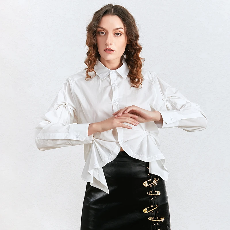 Женская рубашка TWOTWINSTYLE белая с длинным рукавом и отложным воротником|Рубашки| |