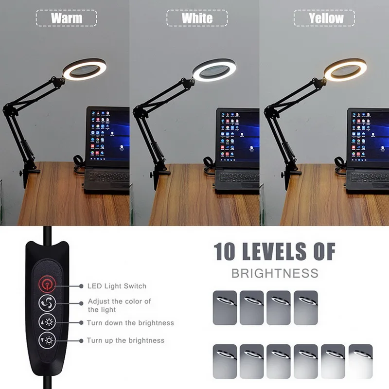 

LED Magnifying Glass Desk Lamp 5X Magnification with Light USB Dimming Three Color Temperature Adjustable for Reading Close Work