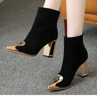 short boots women 2021 spring and autumn plus cashmere martin boots thick heel metal pointed high heel womens boots frosted