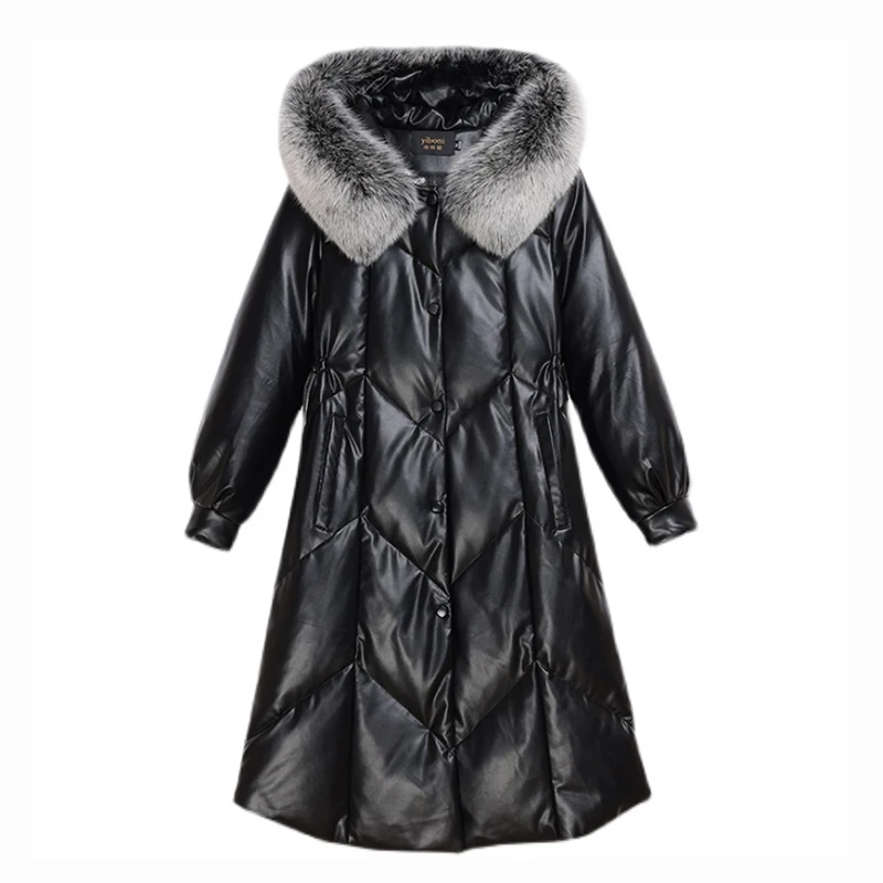 New Women Sheepskin Down Overcoat Autumn Winter 2022 Fashion Warm Fox Fur Collar Drawstring Waist Slim Long Leather Down Coat