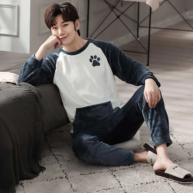 

New Winter Warm Flannel Cartoon Men's Pyjamas Long Sleeve Pajamas Set Male Sleepwear Coral Fleece Nightsuits 3XL Homewear Set