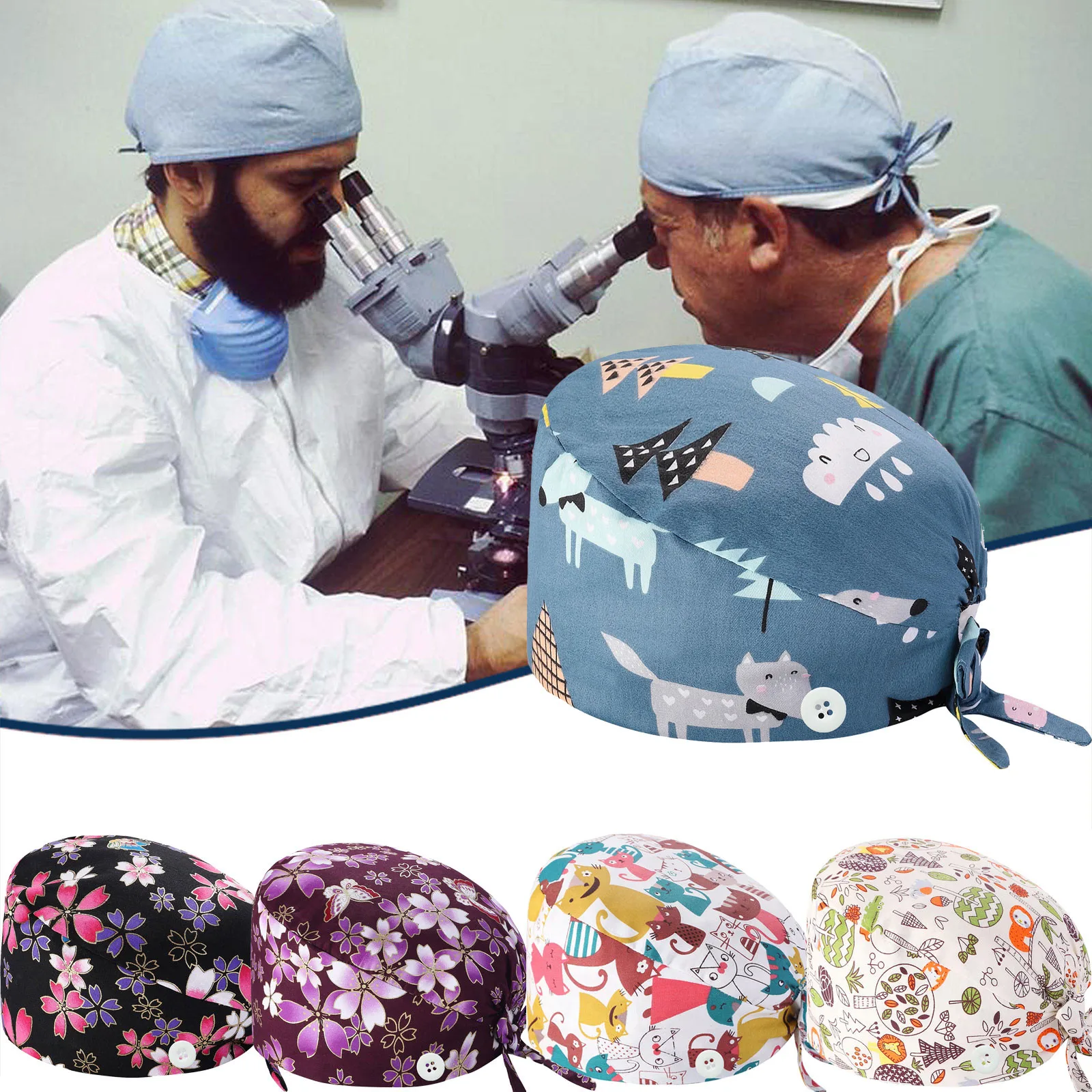 

Scrub Cap Printed Bouffant Turban Cap Adjustable Bouffant Hair Cover Unisex Doctor Cap with Sweatband for Beauty Worker J50
