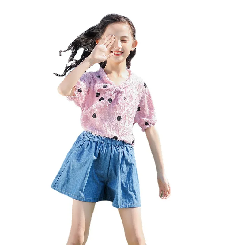 

Children Casual Denim Shorts Sets Summer Kids Clothes Girls Wave Point Tassel Tops+Short Jeans Two-Piece Suits Baby Girl Outfit