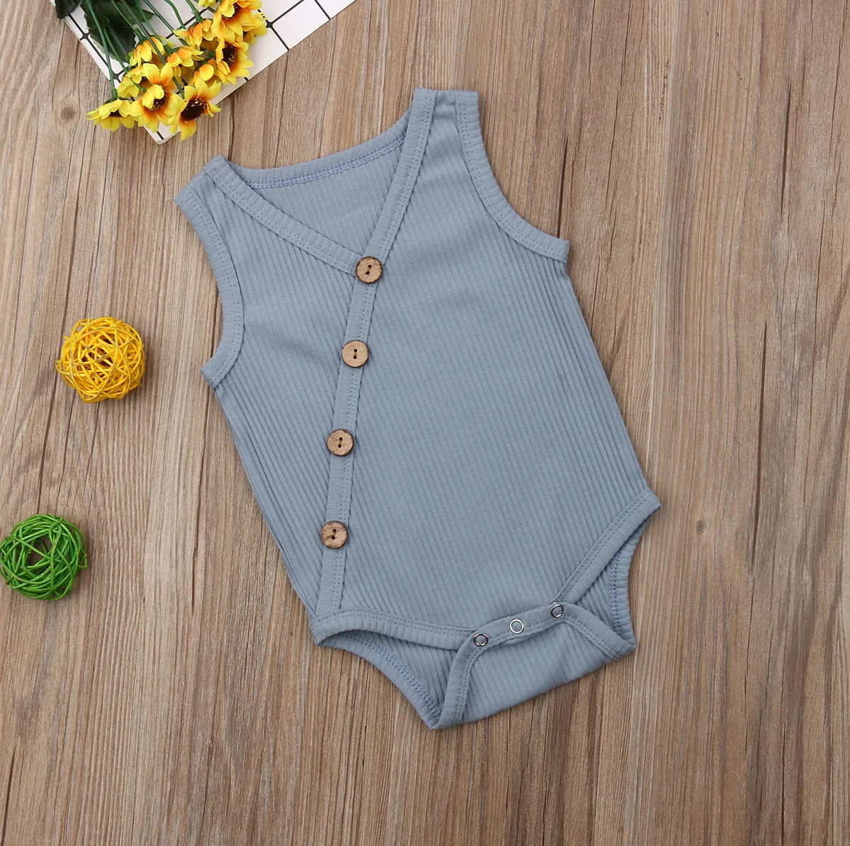 

Summer Newborn Toddler Boys Girls Rompers Solid Colors Jumpsuit Cotton Button V-neck Sleeveless Knitted Rompers Outfits
