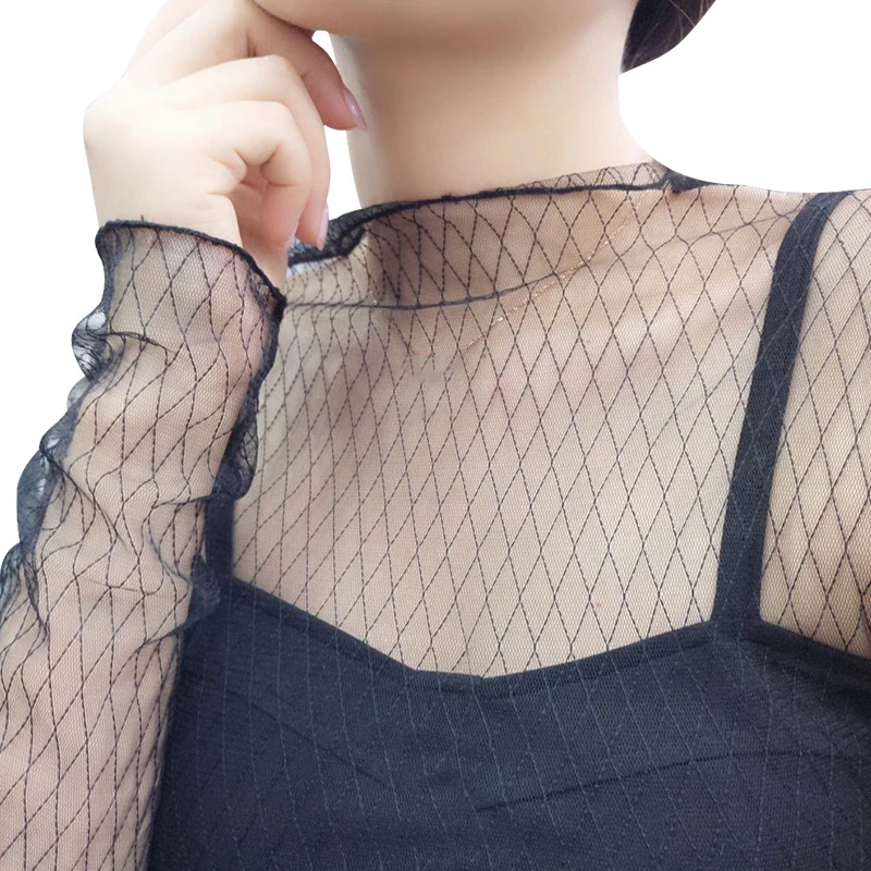 

Spring Summer Women Lace Blouses Shirt Women Tops Sexy Mesh Blouses See-through Long Sleeve Black Dot Star Striped Shirt Blouse