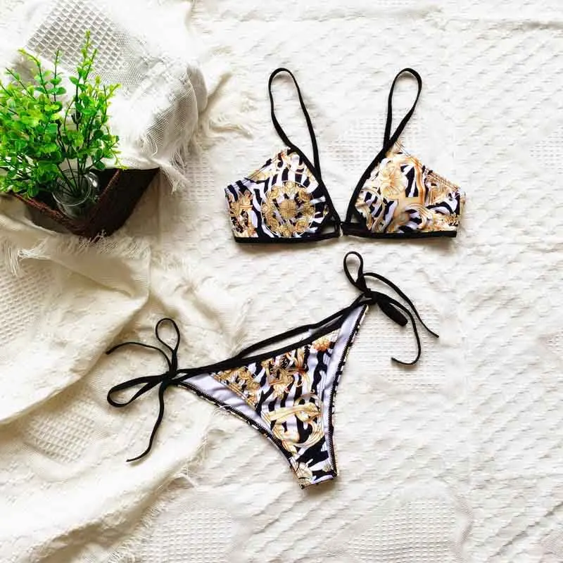 

Sexy Micro Printed Halter Bikini Women Bandage Swimwear Female Swimsuit Two-pieces Bikini set Thong Bather Bathing Suit Swim