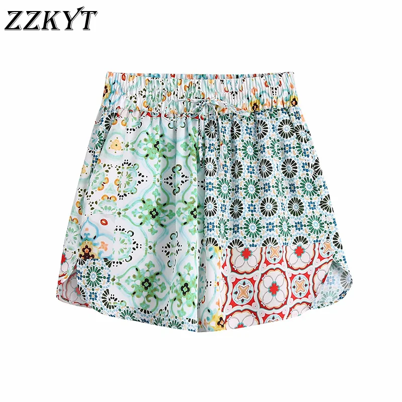 

ZZKYT 2021 Women Summer Vintage Print Sweatpants Shorts Fashion Elastic Waist Fly Side Pockets Female Casual Streetwear Short