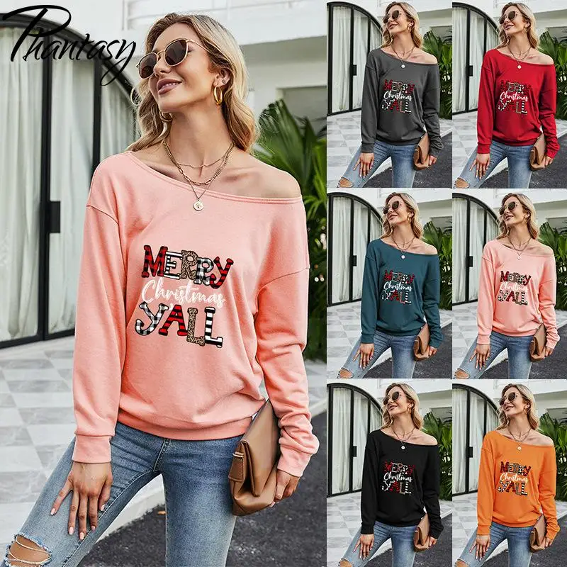 

Phantasy Fashion Women Sweatshirt Long Sleeve Loose Shirt Outdoor Casual Pullover Merry Christmas Letter Hoodie Autumn Warm Tops