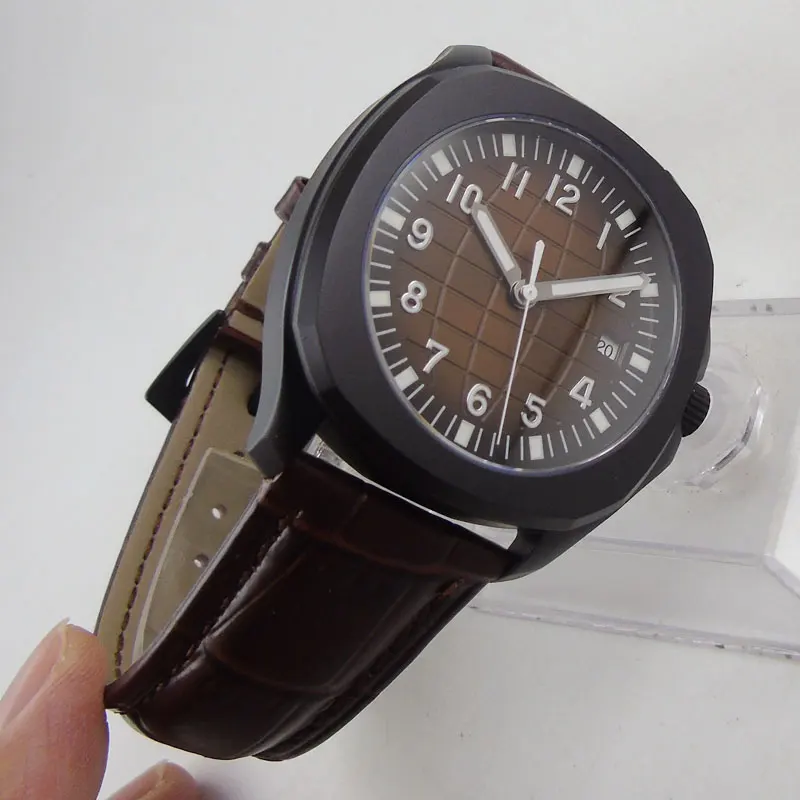 

40mm Miyota 8215 Luxury Square Automatic wrist watch men sapphire glass ss bracelet waterproof brown dial