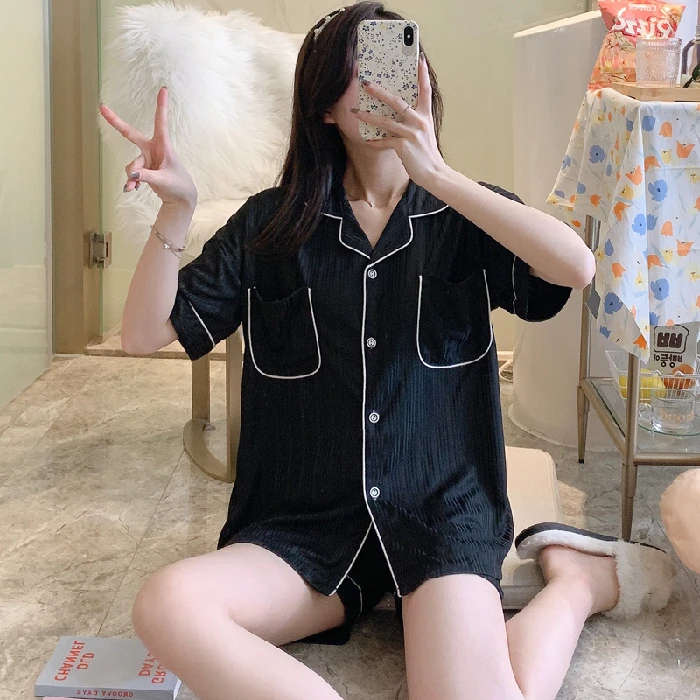 CAIYIER New Sleepwear Women Set Summer Short Sleeve Shorts Turn-down Collar Pajamas Simple Pure Color Girl Cotton Leisure Wear