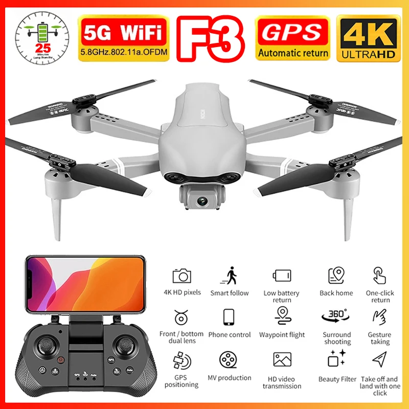 

F3 RC Drone with Dual Camera 4K HD GPS 5G Wifi FPV Live Video Wide Angle Professional Helicopter Quadrocopter Boy Toy Gift SG907