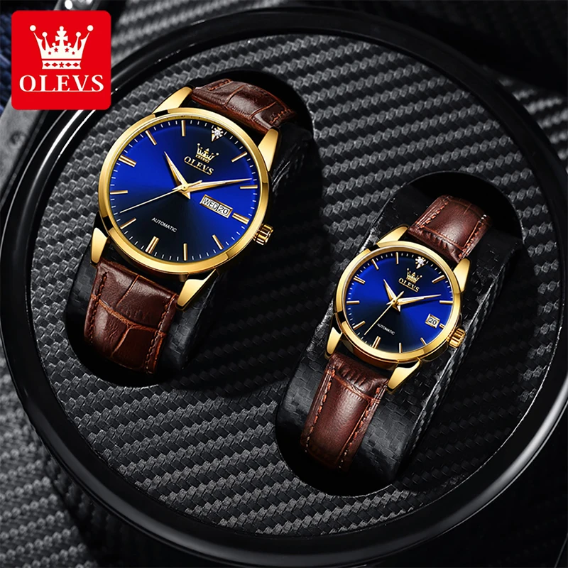 OLEVS New Fashion Couple Casual Waterproof Luminous Pointer Mechanical Watches High Quality Breathable Leather Strap Watch 6629
