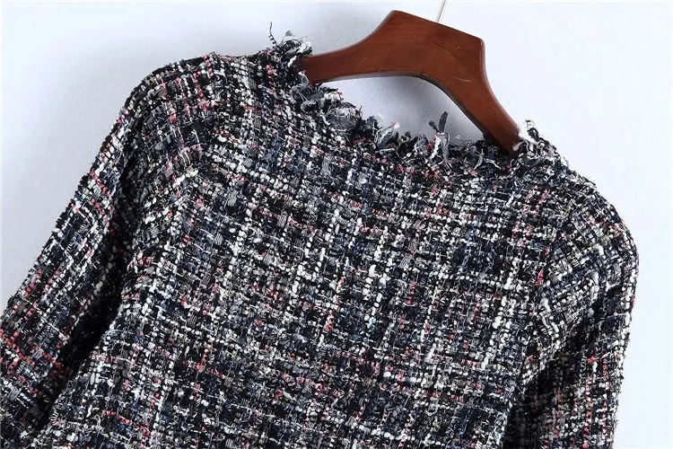 2018 женская элегантная твидовая рубашка в клетку топы с бахромой длинный рукав