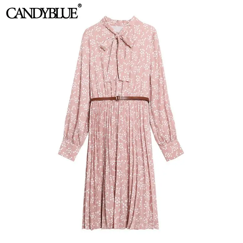 

Pink polka dot printed chiffon dress 2022 spring new Korean fashion French bowknot knee-length casual pleated dress with belt