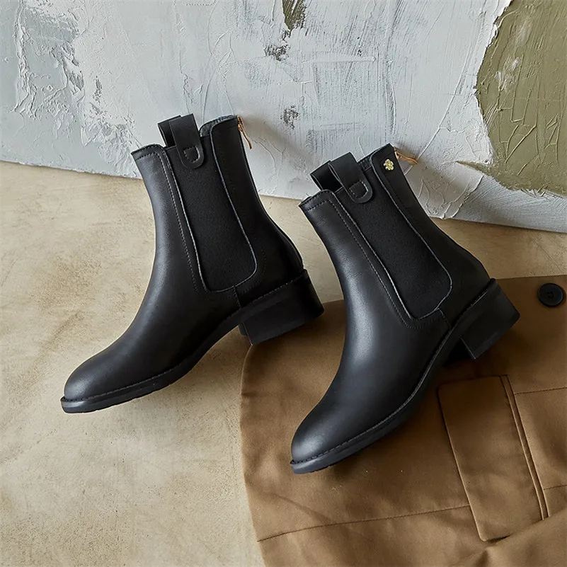 

ANNYMOLI Genuine Leather Block Heels Short Boots Women Shoes Metal Decoration Zipper Mid Heel Ankle Boots Female Autumn Winter