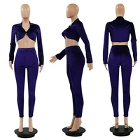Fashion Solid Wonmen Sets Nightclub Style Lady Sexy Deep V Neck Long SLeeve Crop TopsHigh Waist Bodycon Pants Casual Outfit