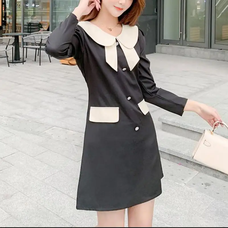 

Women Dress Plus Size Spring Fashion Stitching Bow V-neck Button Decoration A-line Above Knee, Mini Long Sleeve 2021