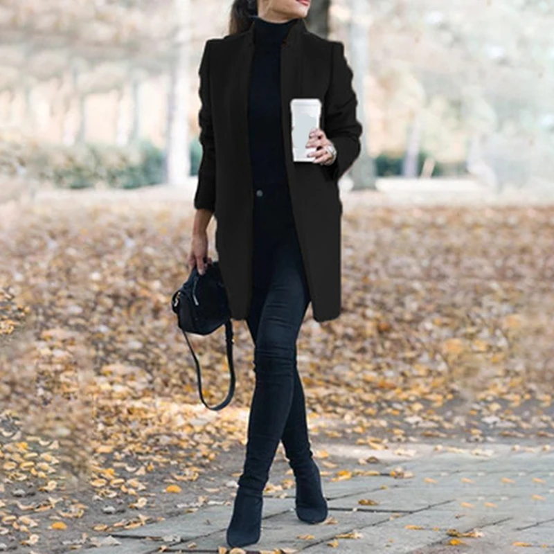 

Women Pure Color Office Jacket Autumn And Winter New Style Elegant Stand Up Collar Fashion Slim Casual Ladies Cardigan Jackets